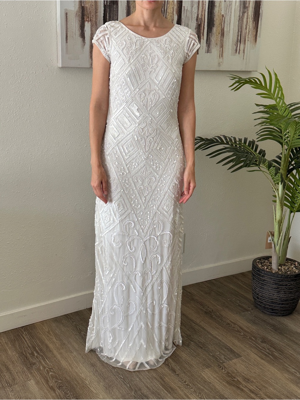 Wedding Dress Elegant White Beaded Cap-Sleeve Evening Dress Size S